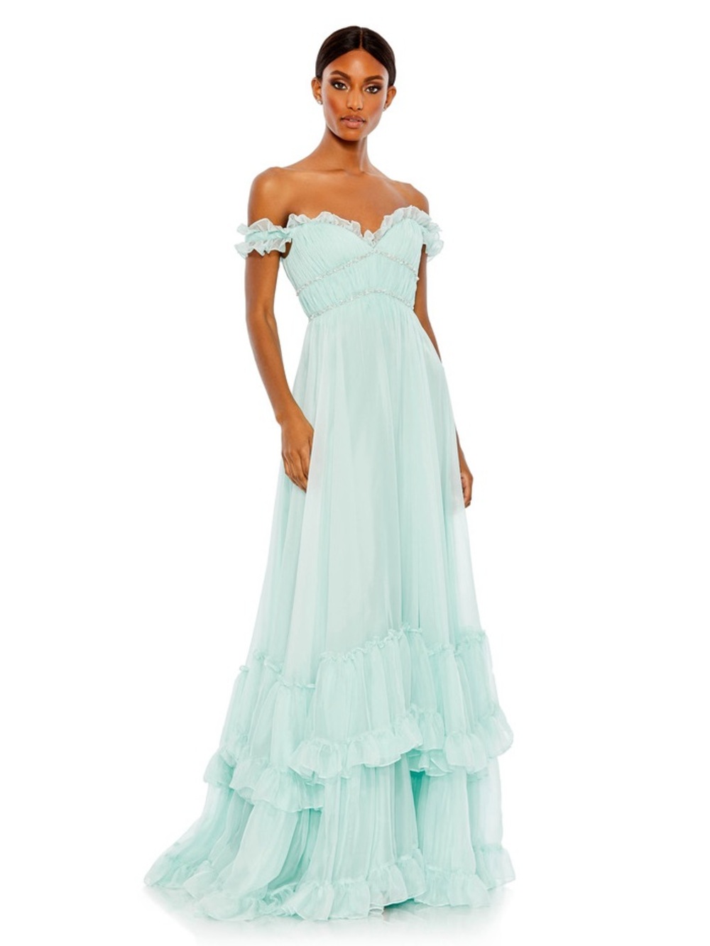 Mac Duggal Mint Off-Shoulder Ruffled Maxi Gown
